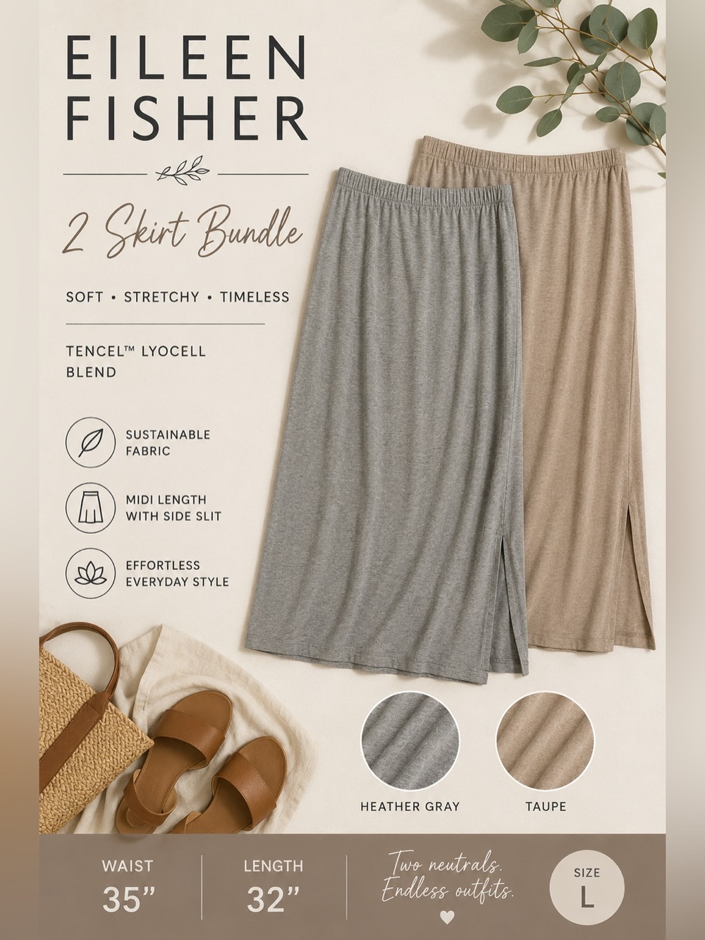 Eileen Fisher Lyocell Jersey Midi Skirt Bundle Gray & Taupe Size Large
